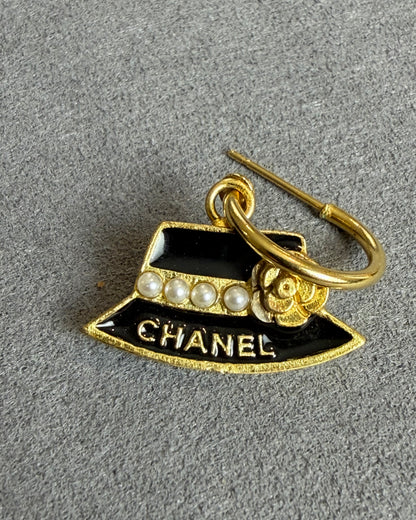Chanel Faux Pearl & Enamel Hat CC Drop Earrirngs