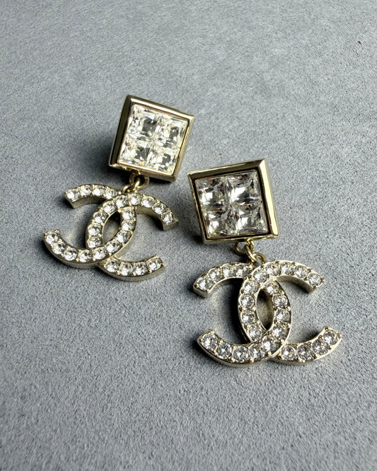 CHANEL Gold Tone Crystal CC Drop clip Earrings