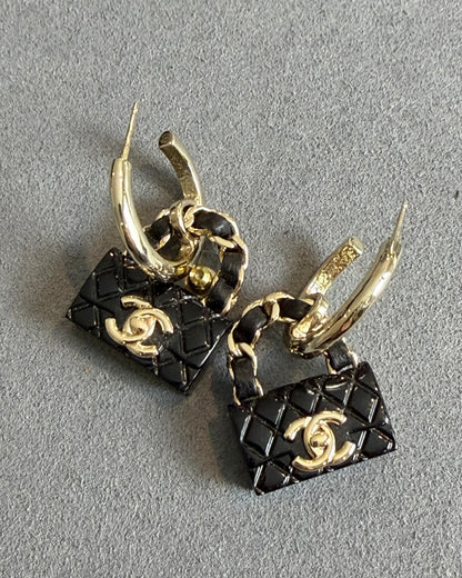 Chanel Black Quilted Bag Gold CC Logo Hoop Drop Earrings