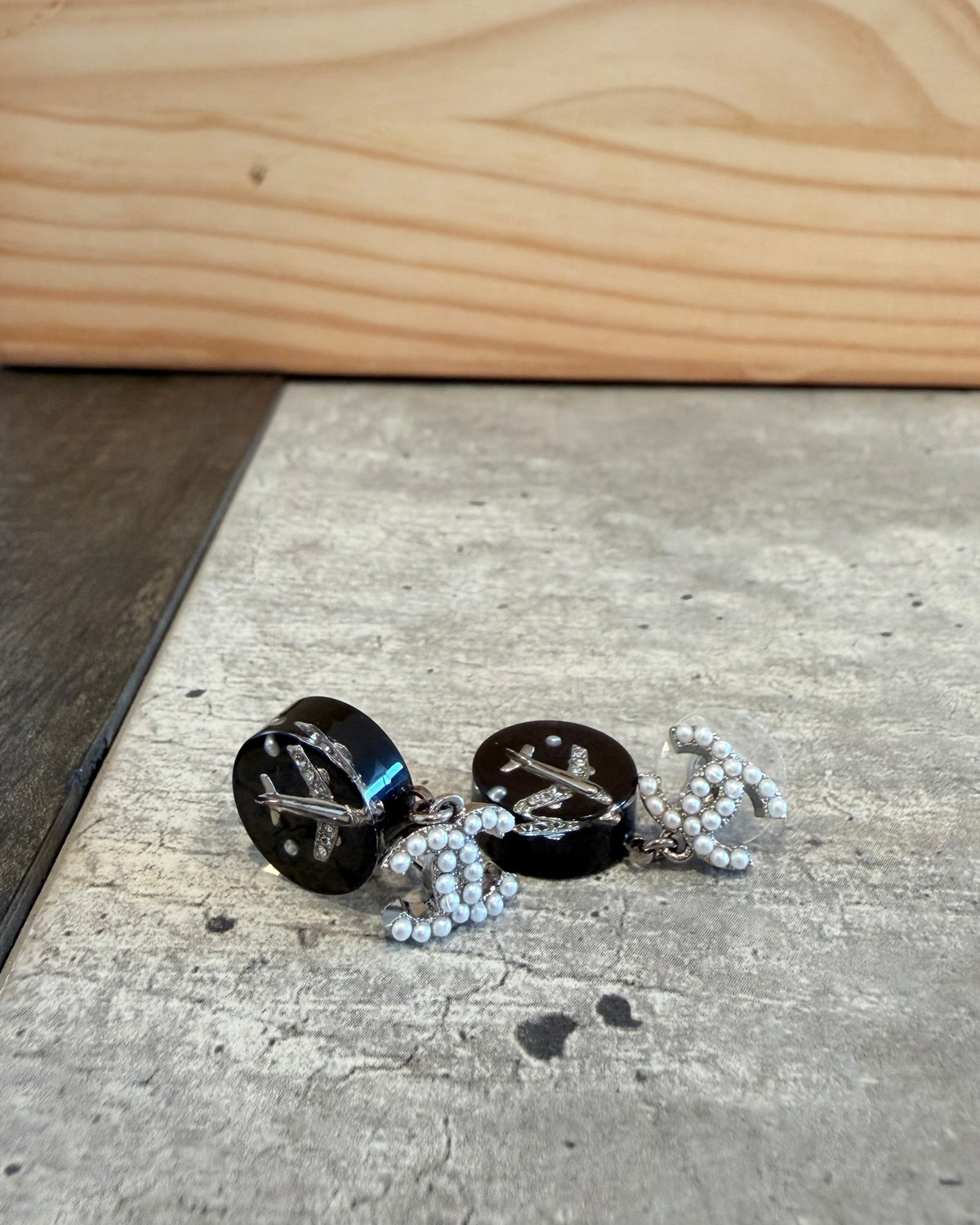 Chanel 16S CC Pearl Black Airplane Pendant Earrings