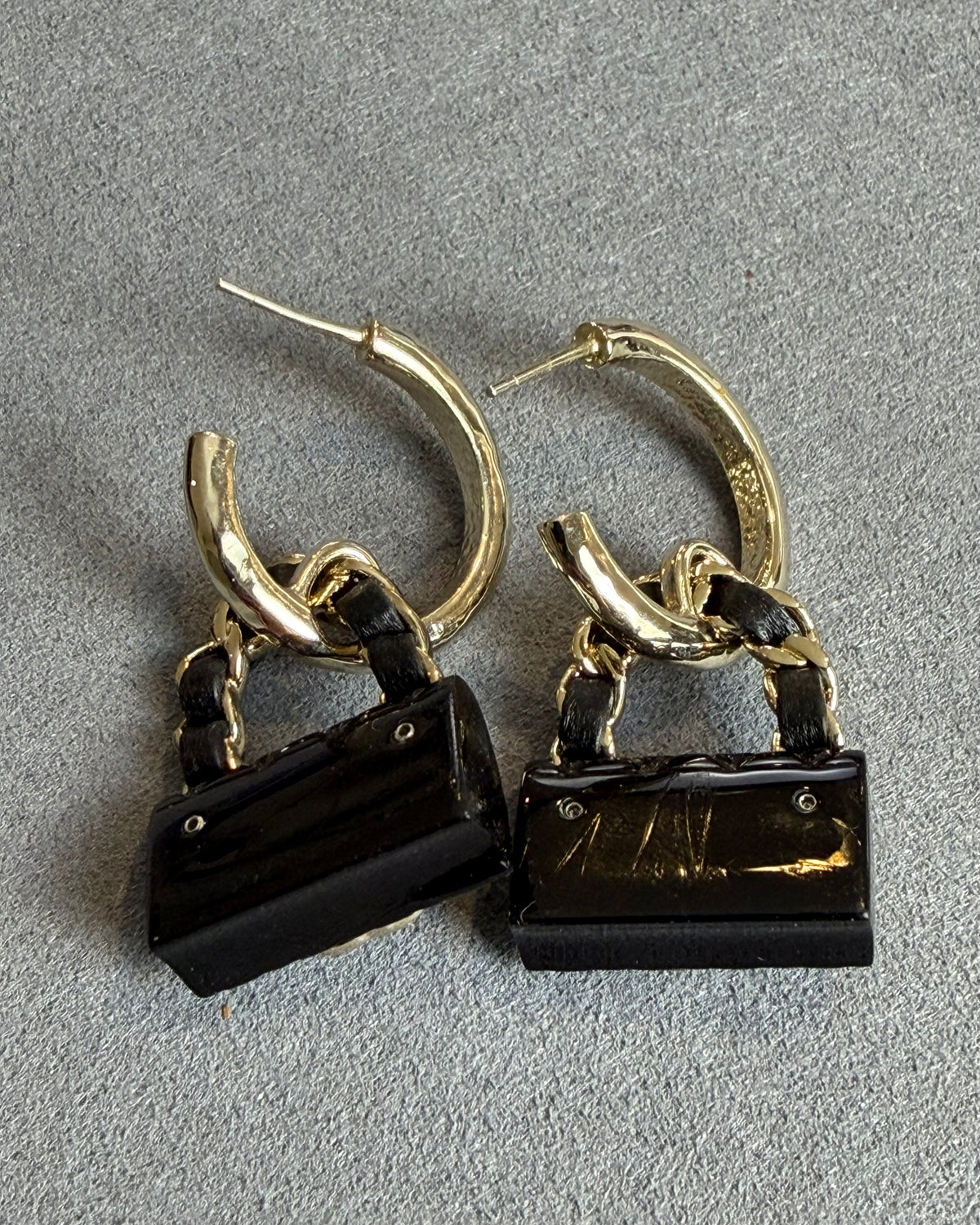 Chanel Black Quilted Bag Gold CC Logo Hoop Drop Earrings