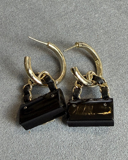 Chanel Black Quilted Bag Gold CC Logo Hoop Drop Earrings