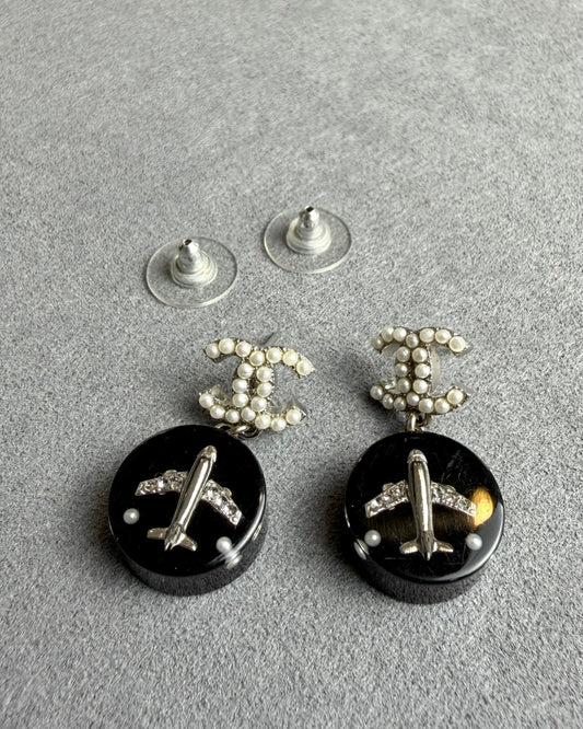 Chanel 16S CC Pearl Black Airplane Pendant Earrings