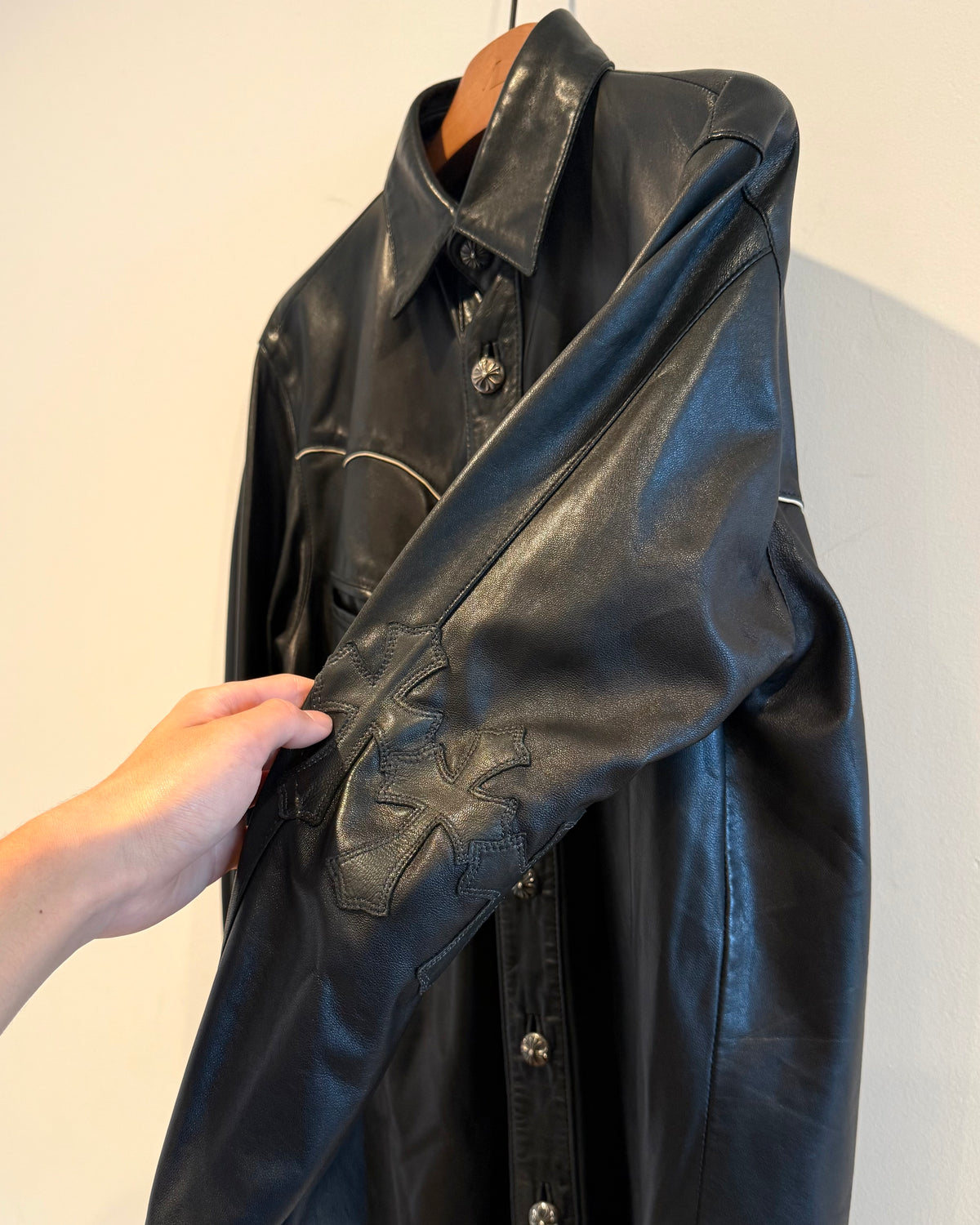 Chrome Hearts Cross Patched Western Leather Button Up Shirt