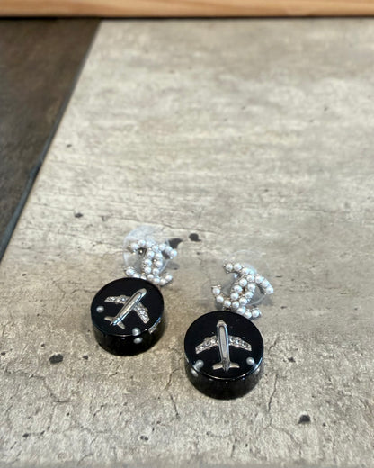 Chanel 16S CC Pearl Black Airplane Pendant Earrings