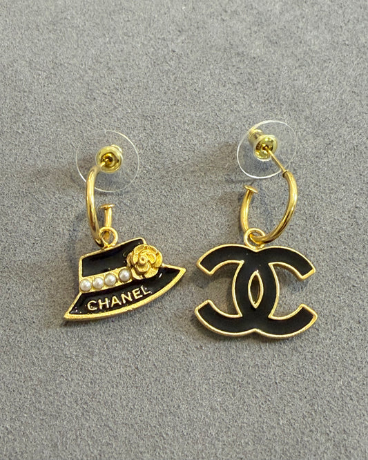 Chanel Faux Pearl & Enamel Hat CC Drop Earrirngs