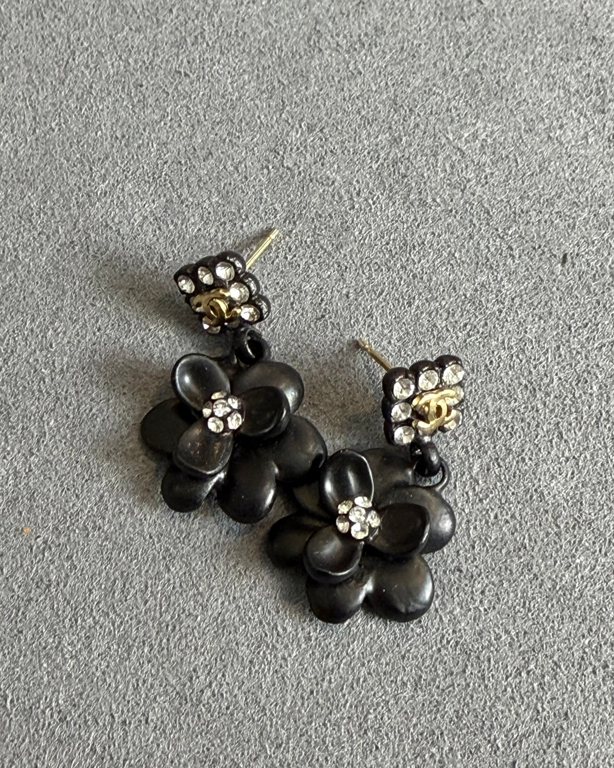Chanel Black Camelia & Crystal CC Drop Earrings