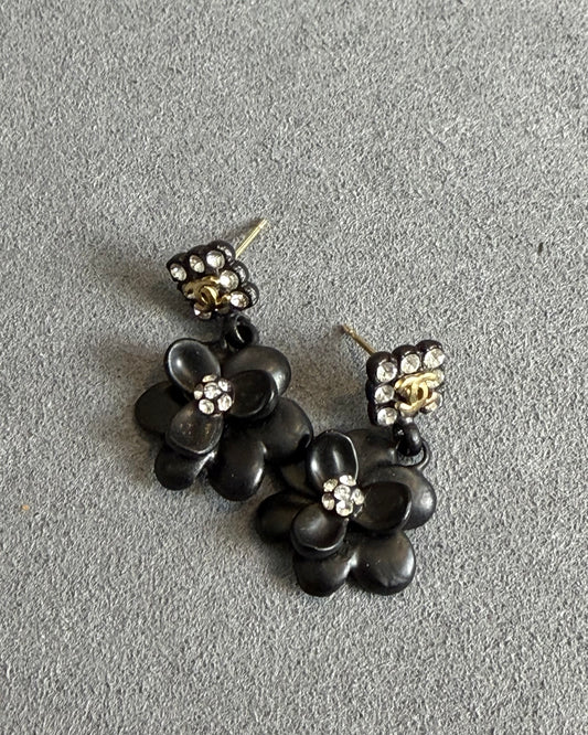 Chanel Black Camelia & Crystal CC Drop Earrings