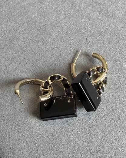Chanel Black Quilted Bag Gold CC Logo Hoop Drop Earrings